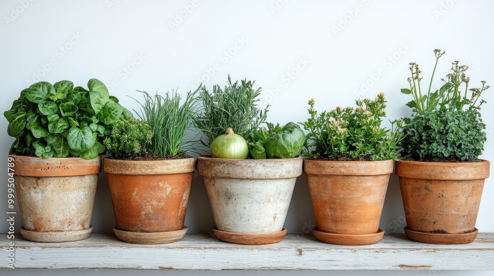 A row of potted herbs and vegetables on a wooden shelf. A row of potted herbs and vegetables on a wooden shelf.