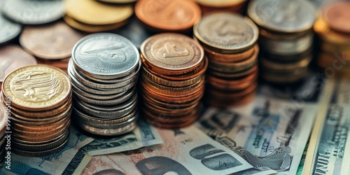 Macro shot of currency from different countries, coins and bills stacked together, representing diverse travel experiences