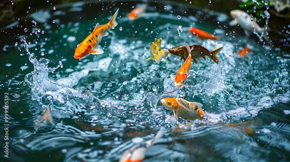 The fish jumping in the ponds water to get food
