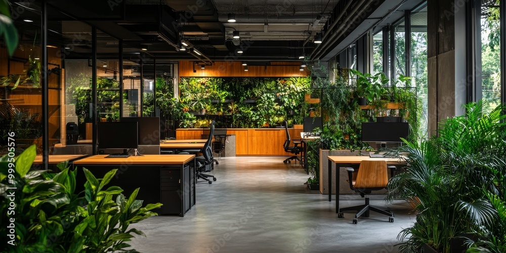 Sleek office interiors with ergonomic furniture, greenery, and a modern aesthetic fostering a productive and comfortable workspace. Sleek office interiors with ergonomic furniture, greenery, and a modern aesthetic fostering a productive and comfortable workspace.