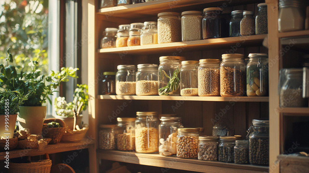 A well-organized pantry filled with jars of grains, spices, and herbs in warm afternoon light A well-organized pantry filled with jars of grains, spices, and herbs in warm afternoon light