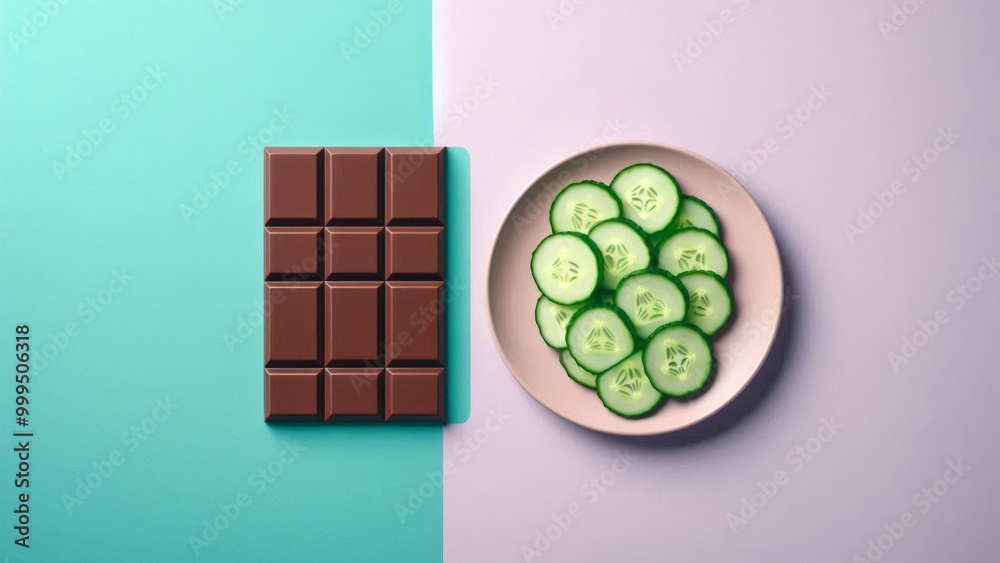 Chocolate Bar and Fresh Cucumber Slices on Background Chocolate Bar and Fresh Cucumber Slices on Background