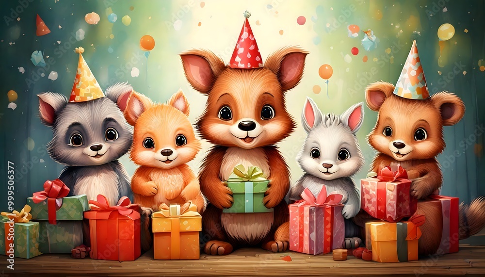 Cute animals holding presents at a birthday party Cute animals holding presents at a birthday party
