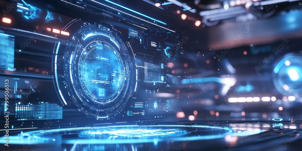 Obraz premium interactive VR elements in a futuristic architectural environment, featuring holographic displays and immersive virtual experiences.