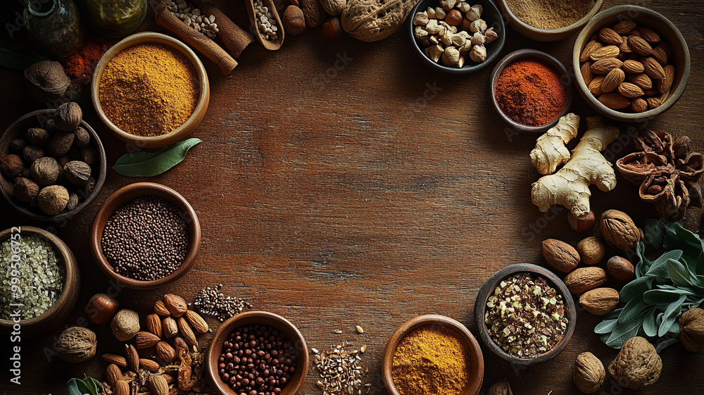 A vibrant arrangement of various spices and nuts on a wooden table showcasing culinary diversity A vibrant arrangement of various spices and nuts on a wooden table showcasing culinary diversity