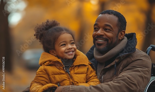  Happy black african american disabled father in a wheelchair with daughter. Candid dad and child bonding in a nature. Father's Day concept banner. Interracial diverse family. AI generated 