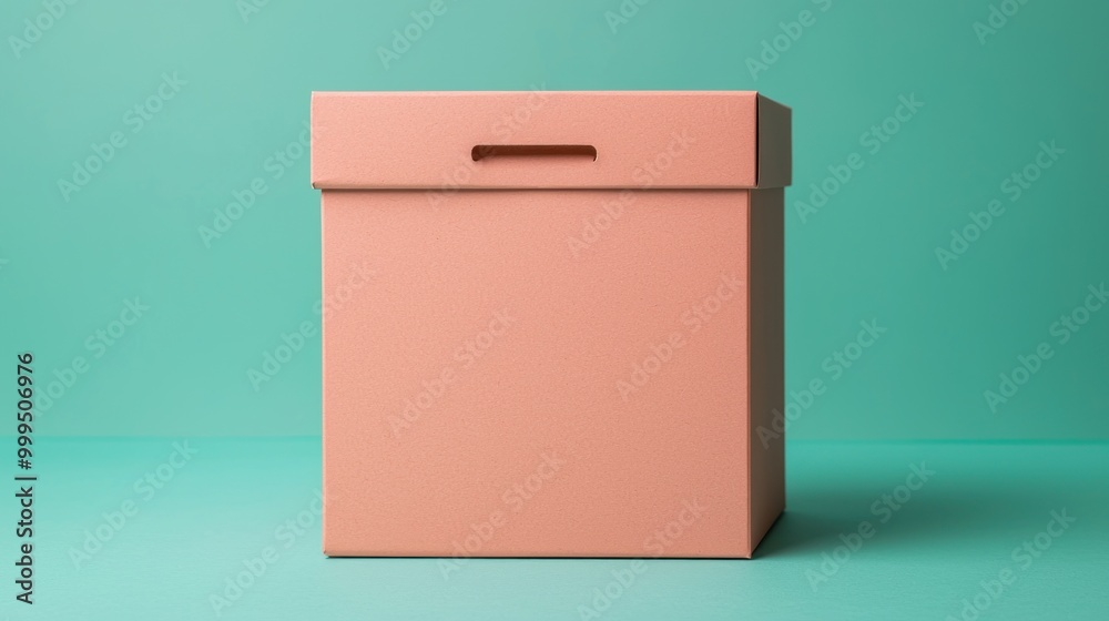 A plain, beige cardboard box with a slot, set against a vibrant turquoise background. A plain, beige cardboard box with a slot, set against a vibrant turquoise background.