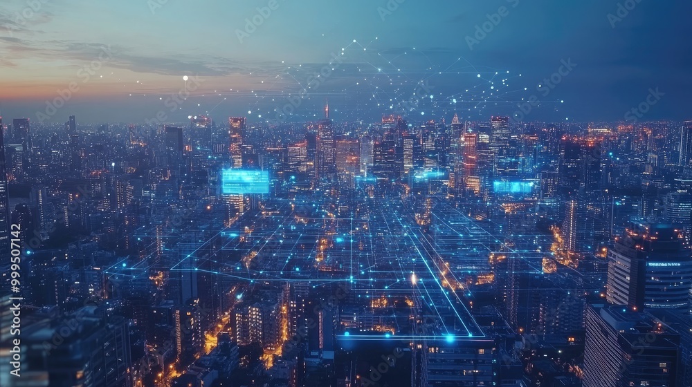 Obraz premium Digital technology revolutionizing industries, with smart devices and interconnected systems enhancing productivity