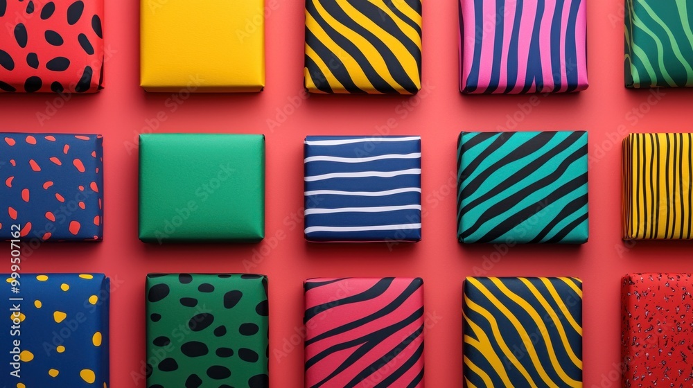 A vibrant array of patterned boxes in bold colors, showcasing various animal prints, arranged neatly against a bright background. A vibrant array of patterned boxes in bold colors, showcasing various animal prints, arranged neatly against a bright background.