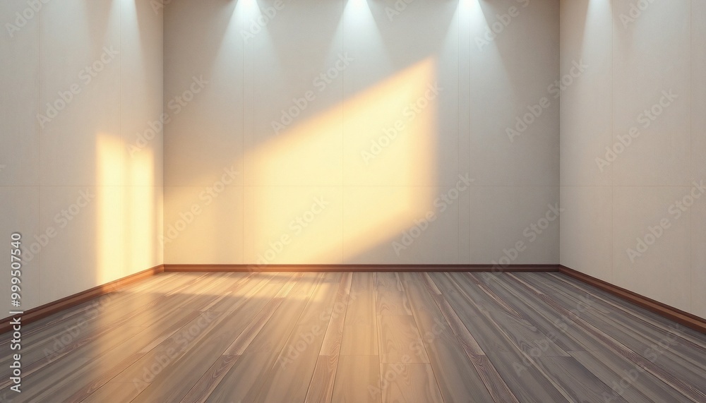 Sunlight streaming through a window illuminates a corner of a room with beige walls and wooden floors. Sunlight streaming through a window illuminates a corner of a room with beige walls and wooden floors.