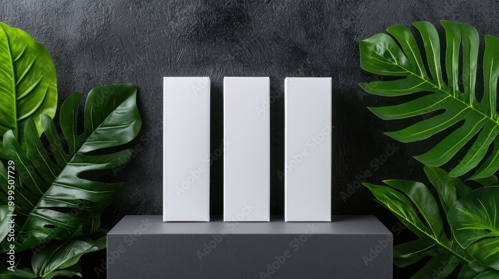Three white boxes are arranged on a dark background, surrounded by green leaves, creating a minimalist and modern aesthetic. Three white boxes are arranged on a dark background, surrounded by green leaves, creating a minimalist and modern aesthetic.