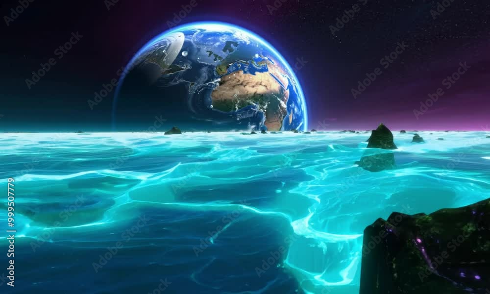 A Glowing Purple Sea With Earth In The Distance A Glowing Purple Sea With Earth In The Distance