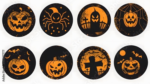 A colorful illustration of a set of halloween featuring various designs and symbols, perfect for icons, buttons, and festive art
