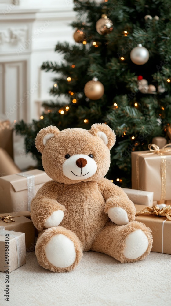 Cute Teddy Bear Near Christmas Tree and Gifts Cute Teddy Bear Near Christmas Tree and Gifts