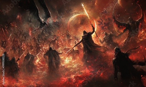 Fiery battle scene with cloaked figures. photo