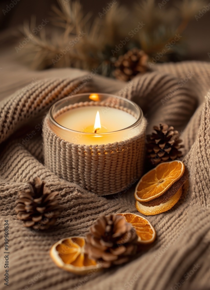 A beautiful and elegant candle displayed on an old wooden tray, surrounded by dried orange slices, lavender flowers. Cozy autumn atmosphere A beautiful and elegant candle displayed on an old wooden tray, surrounded by dried orange slices, lavender flowers. Cozy autumn atmosphere