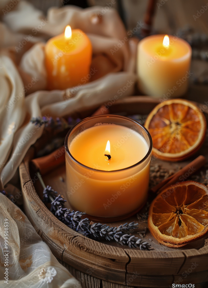 A beautiful and elegant candle displayed on an old wooden tray, surrounded by dried orange slices, lavender flowers. Cozy autumn atmosphere A beautiful and elegant candle displayed on an old wooden tray, surrounded by dried orange slices, lavender flowers. Cozy autumn atmosphere