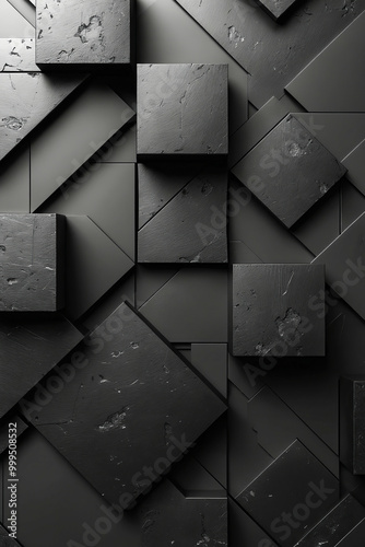 A black and gray wall with a geometric pattern of squares, triangles, and rectangles photo