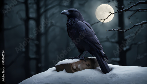 Raven sitting on a skull, dark fantasy, winter, snow, night, moon