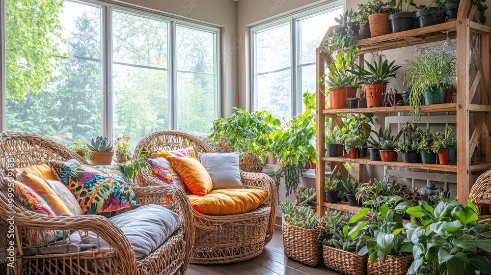Fototapeta premium Inviting sunroom with wicker furniture