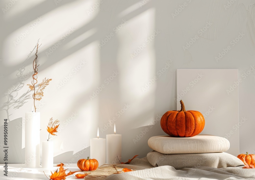 Fototapeta premium Cozy autumn interior ith pumpkin and candles. Fall aesthetic.