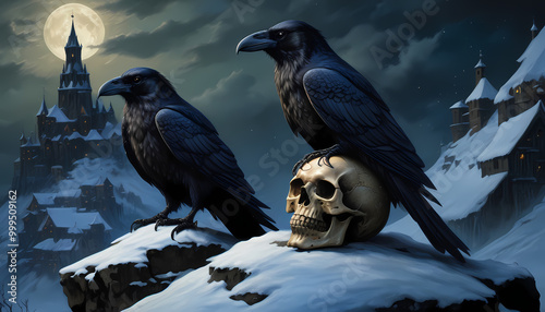 Raven sitting on a skull, dark fantasy, winter, snow, night, moon