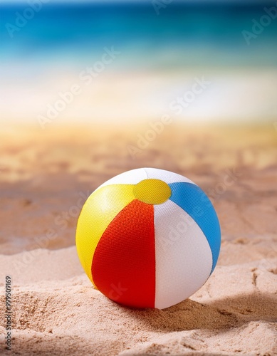 Isolated beach ball with depth of field on a sandy summer background