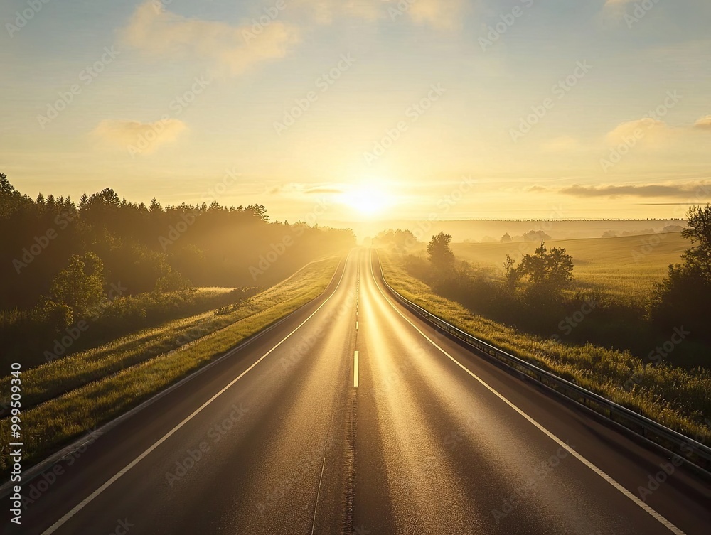 Driving on the highway at dawn, early morning light casting shadows across the road Driving on the highway at dawn, early morning light casting shadows across the road