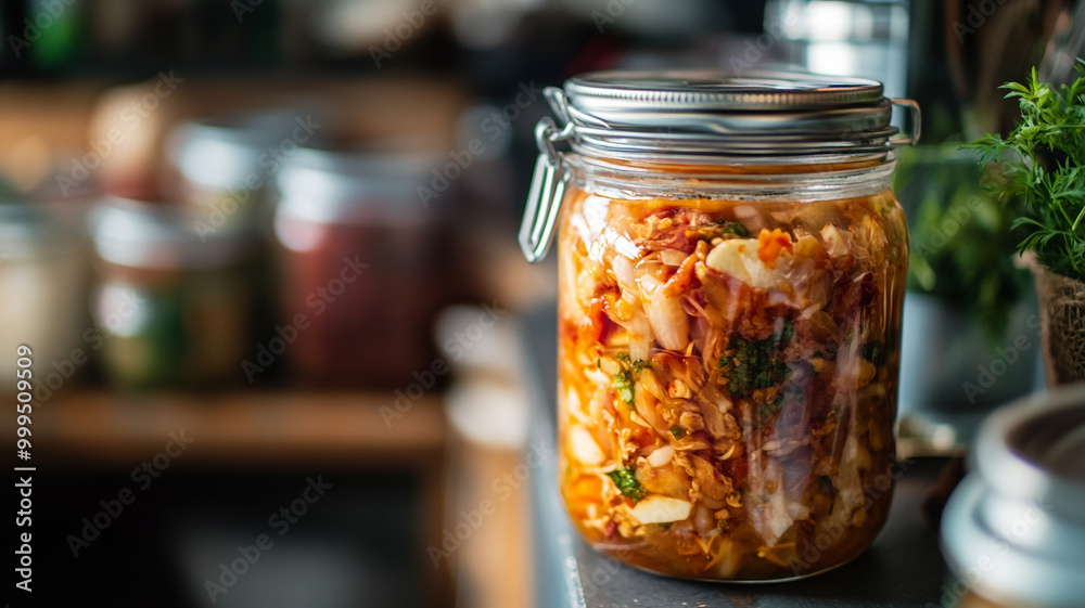 Homemade fermented kimchi in a glass jar on a kitchen counter with various ingredients