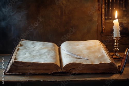Wallpaper Mural Open Book with a Feather Quill and Candlelight Torontodigital.ca