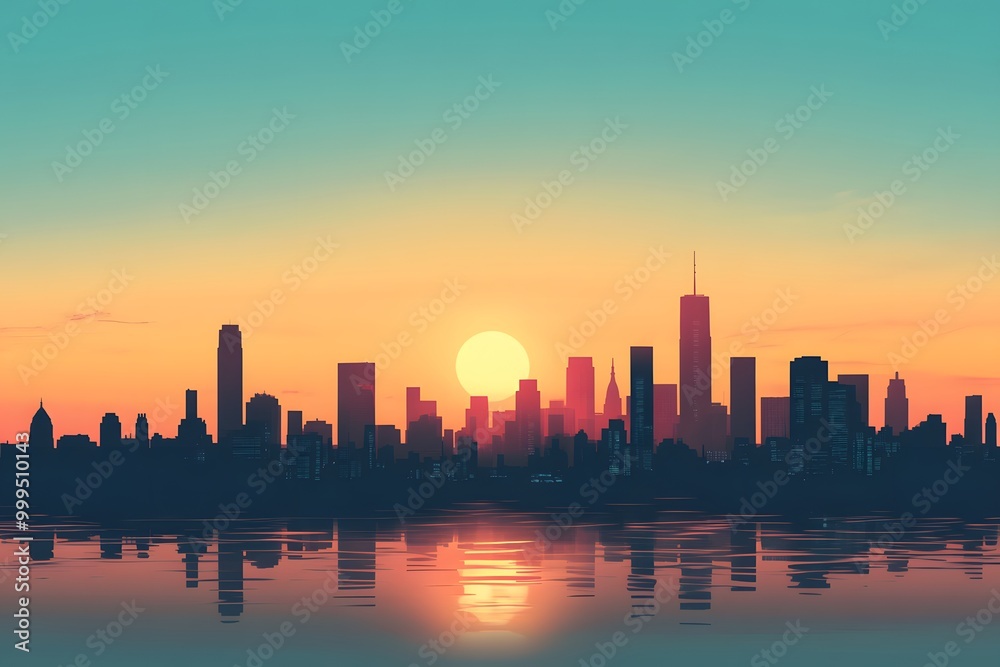 Silhouette of a city skyline at sunset with a reflecting water in front.