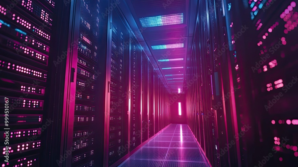 Information technology systems in a data center, with rows of servers and blinking lights Information technology systems in a data center, with rows of servers and blinking lights