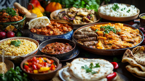 A vibrant spread of diverse dishes featuring grains, vegetables, and meats at a festive gathering