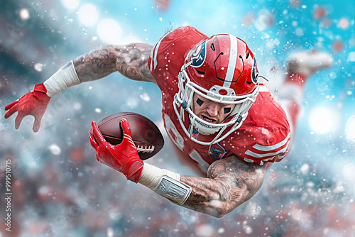 American football player diving for touchdown catch