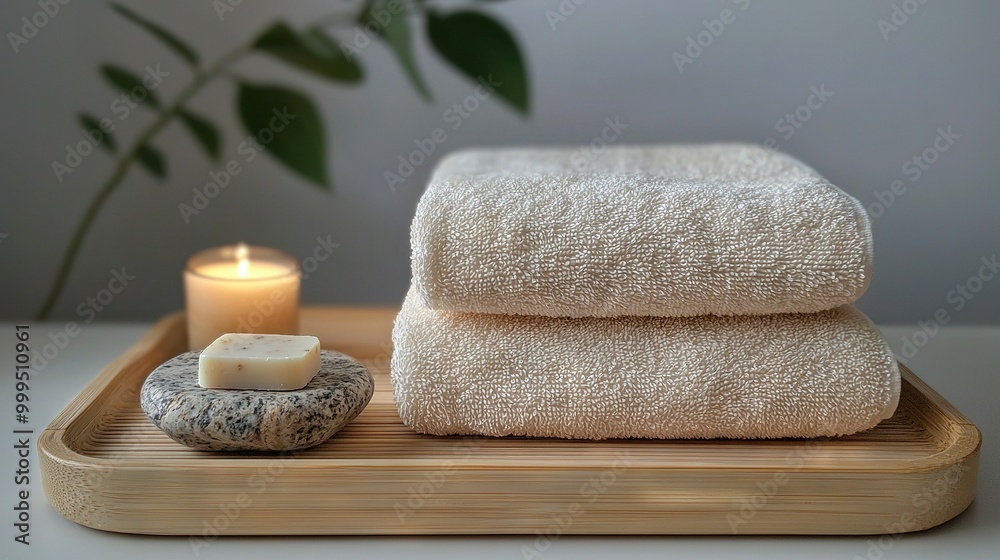 A few white towels lay on a wooden platter alongside a candle and potted plant A few white towels lay on a wooden platter alongside a candle and potted plant