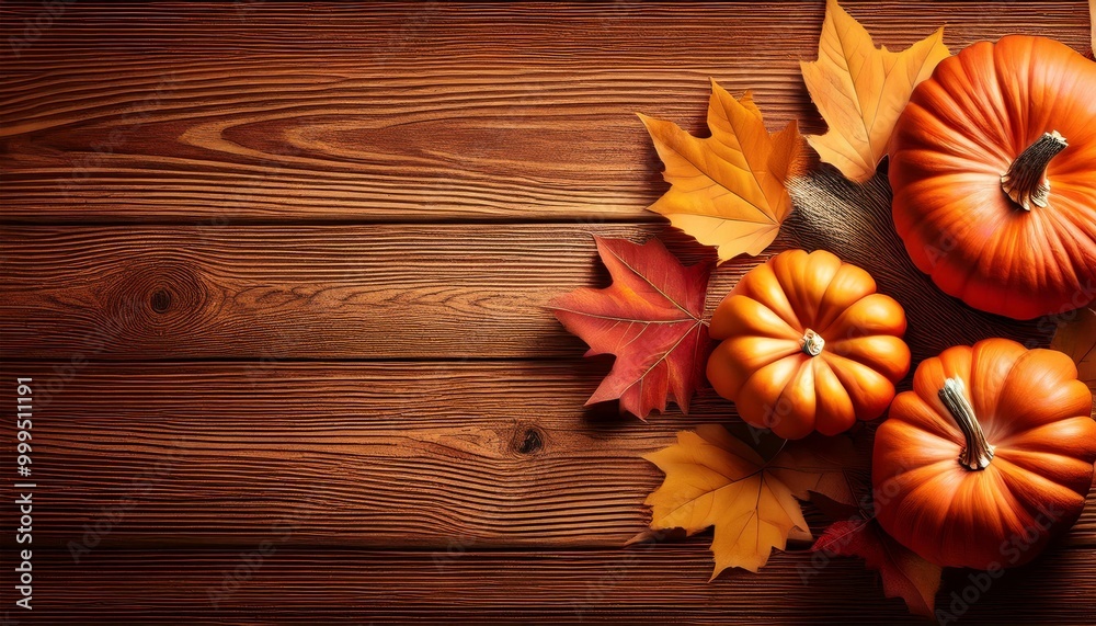Fototapeta premium Autumn Harvest: Vibrant Pumpkins and Maple Leaves on Rustic Wood Background