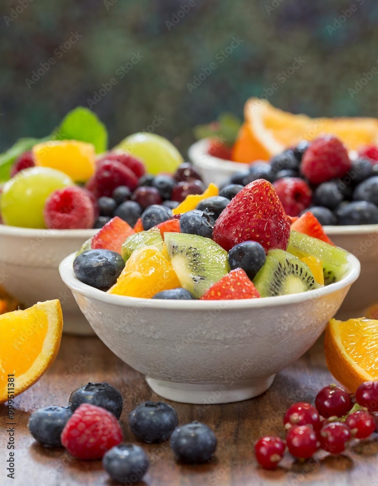 Classic fruit salads with depth of field featuring a mix of fresh berries and citrus slices Classic fruit salads with depth of field featuring a mix of fresh berries and citrus slices
