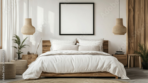 Minimalist Bedroom Interior Design with Wooden Bed  White Bedding  and Rattan Lamps