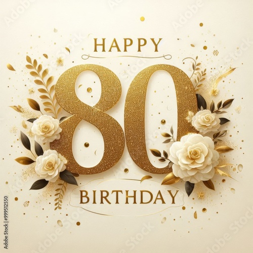 Elegant 80th birthday card design with gold lettering and floral accents.
