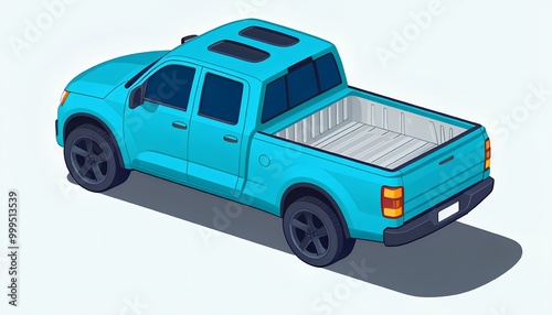 Pickup truck in isometric view, minimalist illustration of a truck vehicle, stylized pickuptruck with open cargo bed, transportation, automotive, automobile, logistics, cargo-bed, 4x4, 4 wheel drive  photo