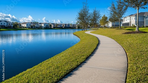 Orlando FL/USA-2/10/20: A curved sidewalk next to a lake that is a walking path in back of homes in Laureate Park Lake Nona an Orlando Florida neighborhood.