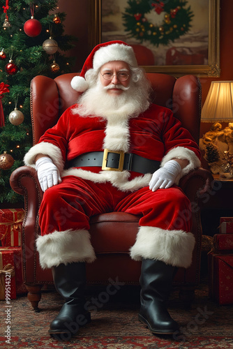 A man dressed as Santa Claus sitting in a chair in front of a Christmas tree