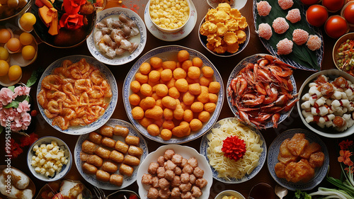 Colorful assortment of traditional festive foods arranged on a table for celebration