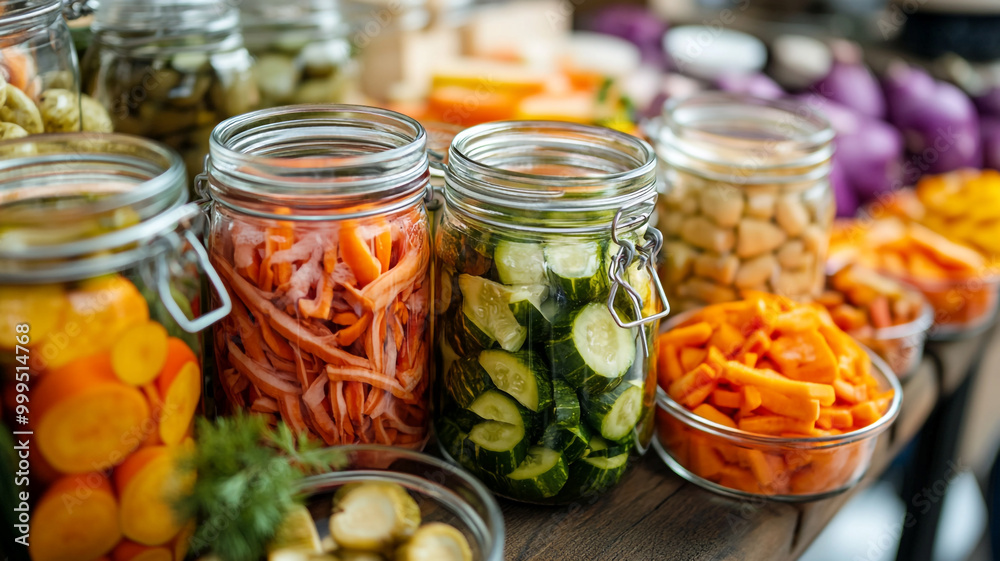 Freshly prepared pickled vegetables displayed in jars at a local market Freshly prepared pickled vegetables displayed in jars at a local market