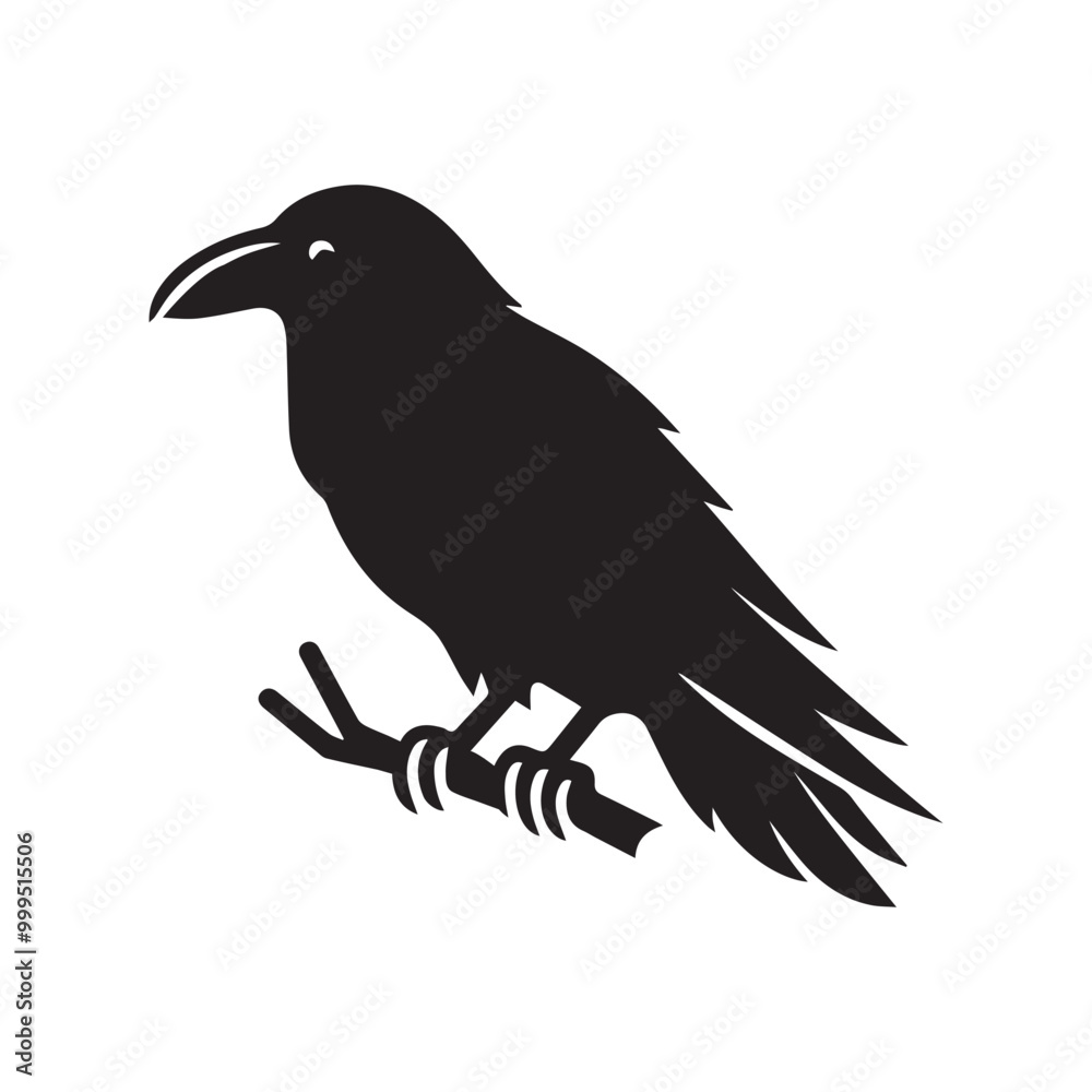 Obraz premium Raven Bird Vector Illustration in black and white - Raven Clipart Design 