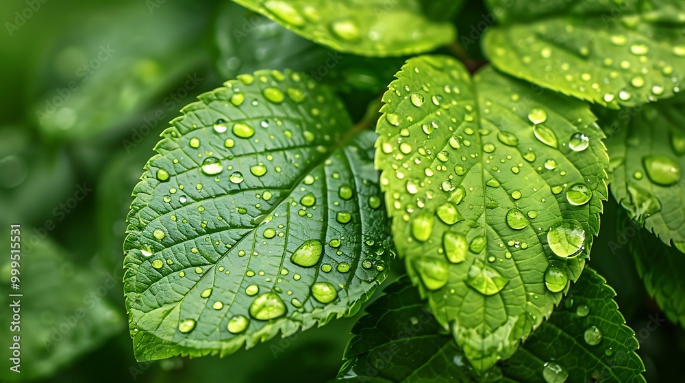 Close-up view of green leaves covered in dew drops, highlighting the beauty of nature.