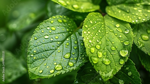 Close-up view of green leaves covered in dew drops, highlighting the beauty of nature. photo