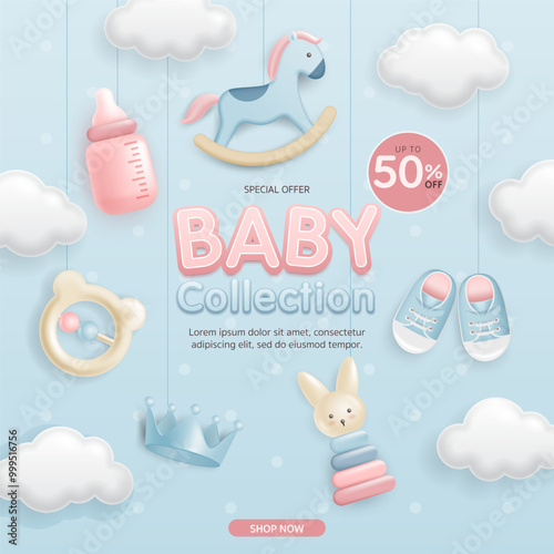 3d Baby and kid clothes and toy sale discount on blue background for the online post banner template, sales promotion, clearance store, social media, shop, poster, fair and expo. Vector illustration
