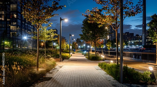 Fototapeta Naklejka Na Ścianę i Meble -  Nighttime walk through a modern city park with illuminated streetlights for guiding pathway through lush greenery and distant city skyline urban nature harmony concept.