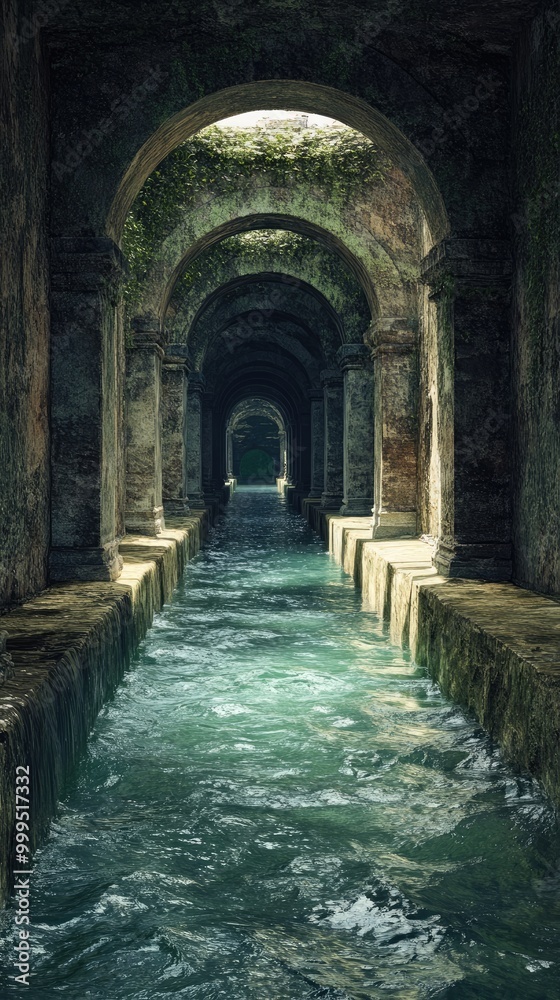Fototapeta premium Ancient Stone Aqueduct with Flowing Water and Overgrown Vegetation in a Serene Setting